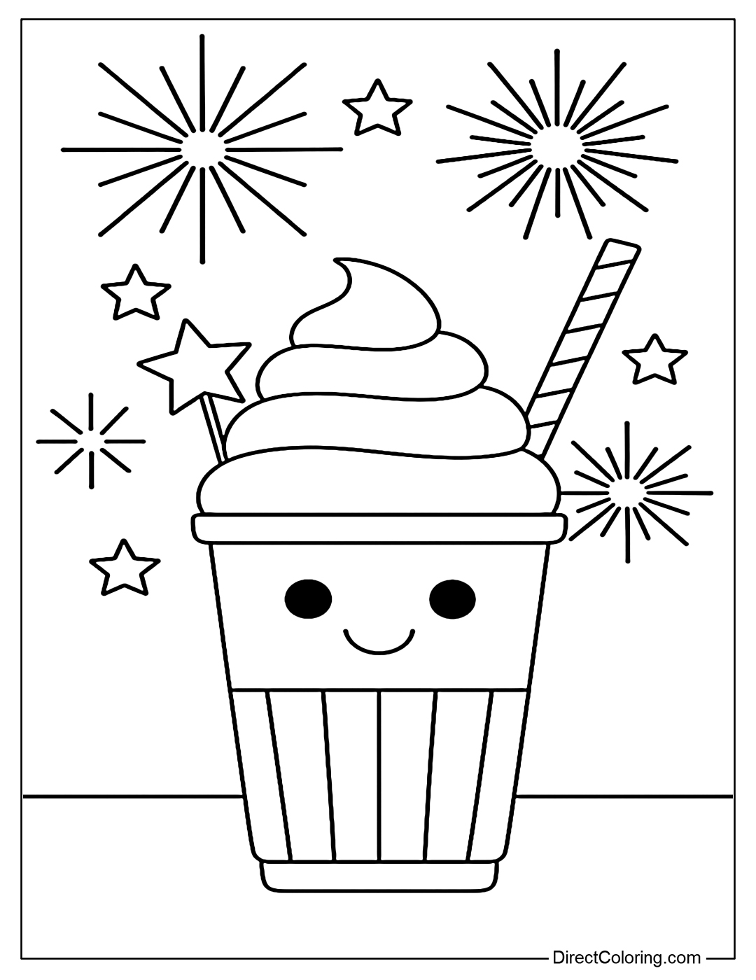 A night scene coloring page with fireworks and ice cream to celebrate the US Independence Day.